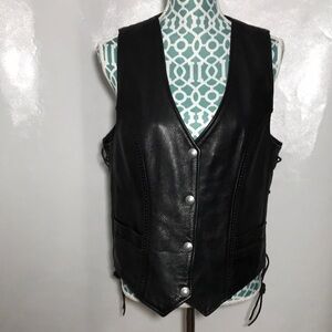 Bucati Leather VTG Women's Black Leather Motorcycle Vest Side Ties Size Large
